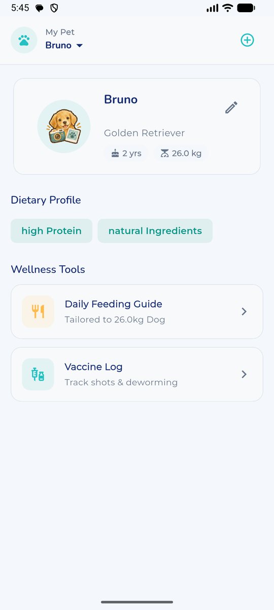 My Pet screen showing a dog's profile and wellness tools