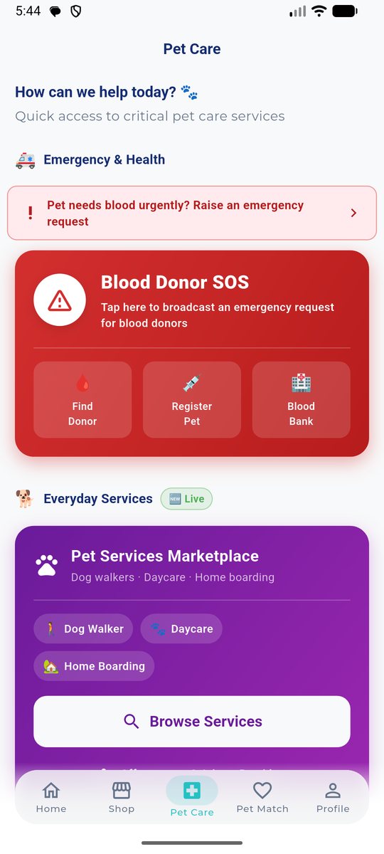 Pet Care screen with the Pet Services marketplace